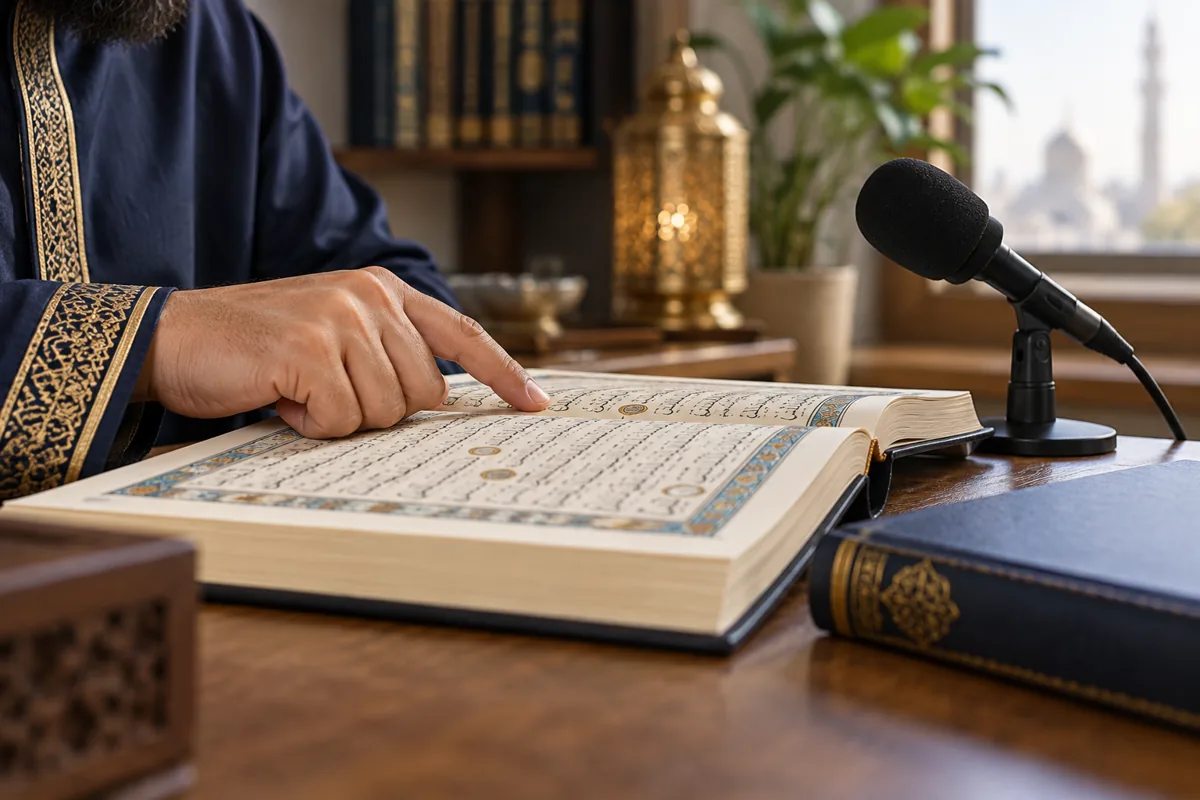 Teacher pointing to a Quran page beside a microphone