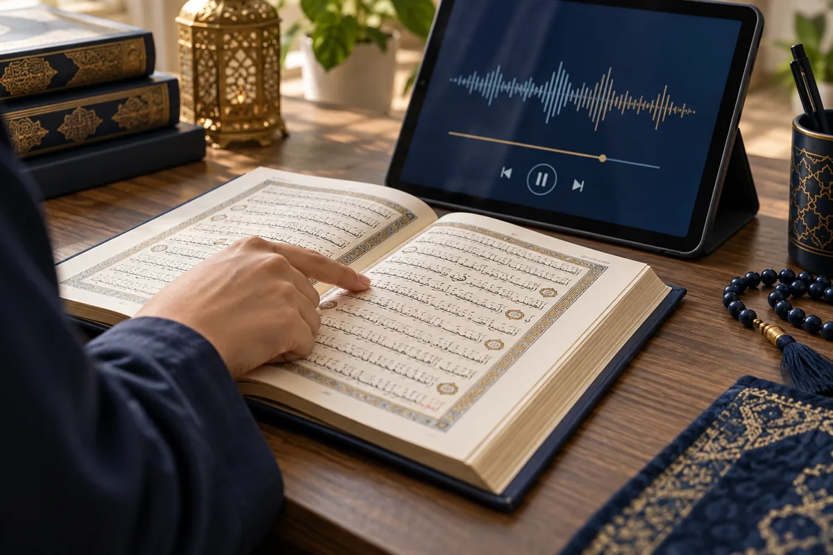 Learner following Quran verses beside an audio lesson