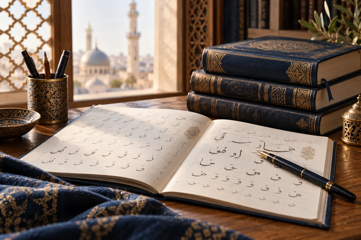 Arabic language workbook with pen and reference books