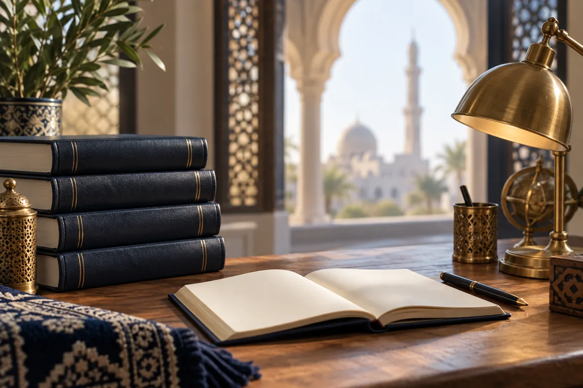 Islamic studies books and an open notebook on a desk
