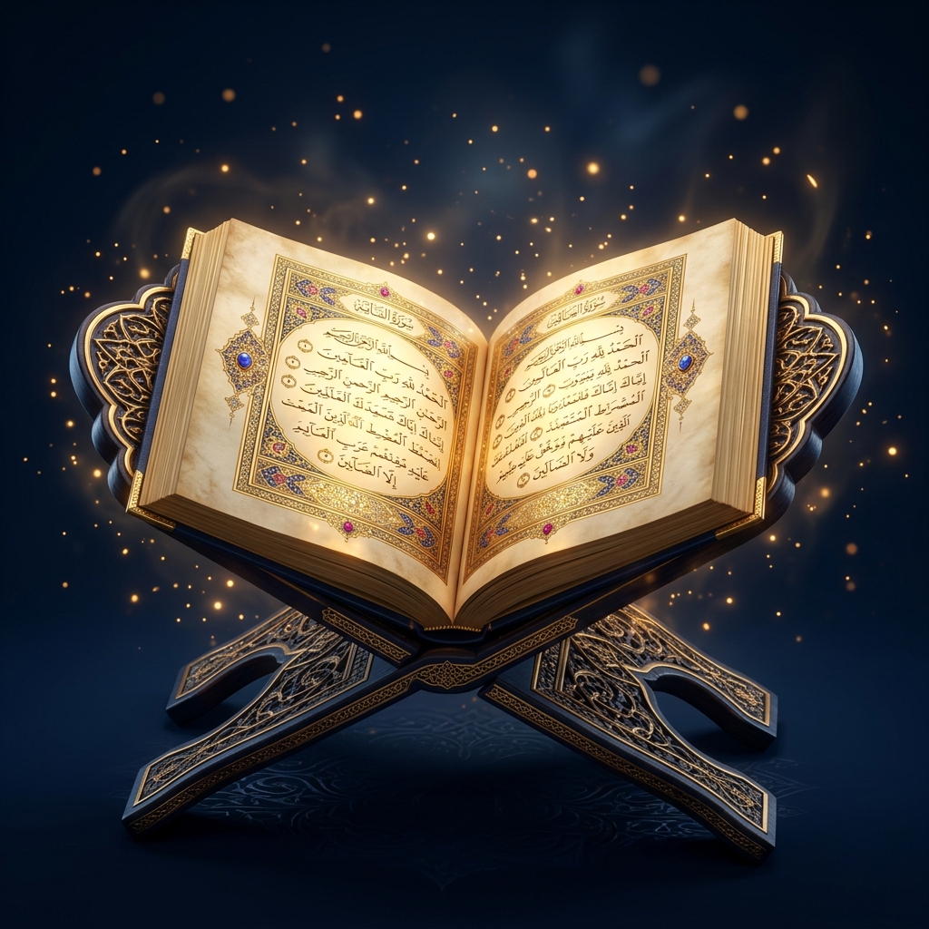 Holy Quran on Gilded Blue Velvet Stand with Radiant Tajweed Rays